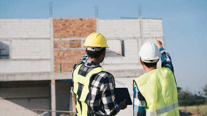 Structural engineer and architect working with blueprints discuss at the outdoors construction site.