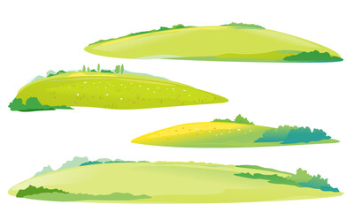 Set of four green meadows and glades, summer countryside with green hills, rural landscape, green grass land with flowers and bushes isolated