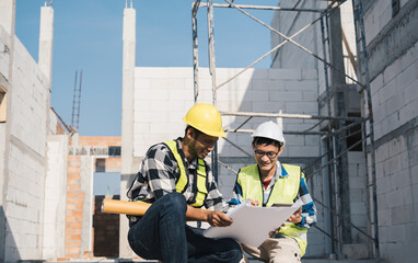 Fototapeta premium Structural engineer and architect working with blueprints discuss at the outdoors construction site.