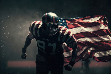 american football player in super bowl game with usa flag in the background, epic scene, generative ai