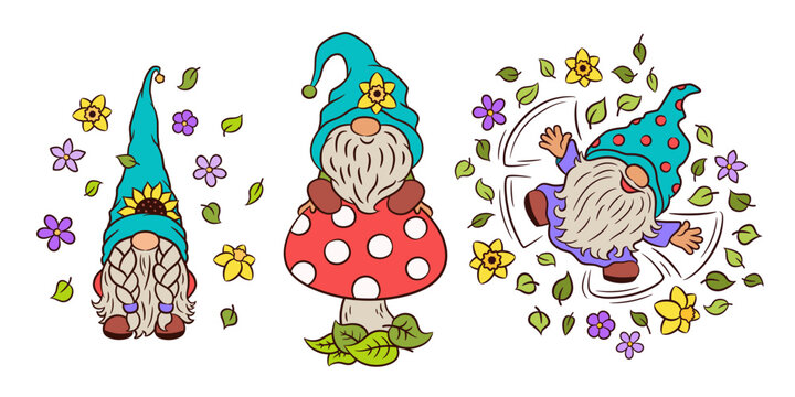 Adorable gnomes vector line art. Happy baby gnome on toadstool. Cute scandinavian drawf sunflower on hat. Cheerful gnome holding in spring blossoms. Flowers bloom. For sticker, cut file, print.
