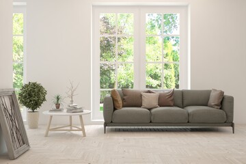 White living room with sofa and summer landscape in window. Scandinavian interior design. 3D illustration