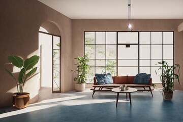 Fototapeta na wymiar Beautiful Mid Century Modern Living Room Interior with Staged Furniture Made with Generative AI