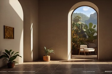 Luxury Spanish Modern Interior with Arched Walls and Plants Made with Generative AI