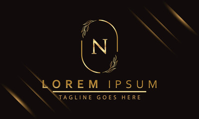 Gold frame template Orchid Flower and monogram concept with the letter N in minimal linear style. Vector floral logo with copy space for text. Emblem for Cosmetics, Medicines, Food, Fashion, Beauty