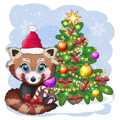 Red panda with candy kane in santa hat, cute character, new year and christmas greeting card, rare animals