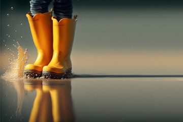 Children's feet in yellow rubber boots jumping over a puddle in the rain, front view. Generative AI