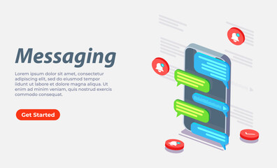 3D isometric smartphone chat dialog application interface, web banner for communication, messaging
