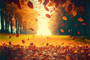 Naklejka na ściany i meble Beautiful autumn landscape with. Colorful foliage in the park. Falling leaves natural background, IA