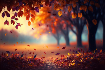 Naklejka na ściany i meble Beautiful autumn landscape with. Colorful foliage in the park. Falling leaves natural background, IA