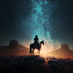 a man on a horse in the desert against the backdrop of mountains and a fire