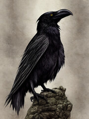 Fototapeta premium A fantasy art painting of a black raven created with Generative AI technology