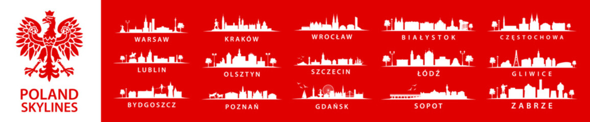 Set of polish skylines. Collection of big cities in Poland, eastern europe, Szczecin, Krakow, Wroclaw, Lublin, Olsztyn, Warsaw, Bydgoszcz, Poznan, Gdansk, Bialystok, Lodz