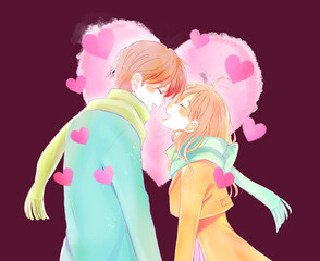 冬の幸せそうな男女　向かい合う　ハート