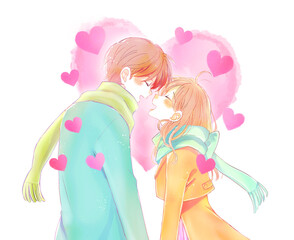 冬の幸せそうな男女　向かい合う　ハート