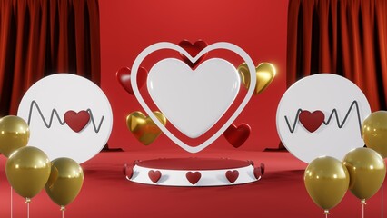 3D rendering of red podium for Valentine products on Valentine's Day.