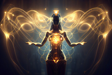 Spiritual figure with glowing chakras in sound healing therapy and yoga meditation, exuding serene energy in a mystical atmosphere. generative ai          