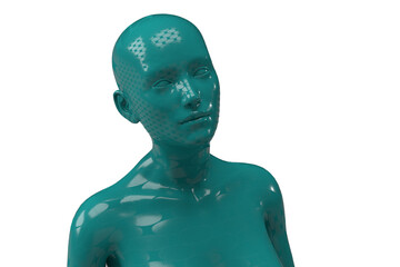 3D rendering of a portrait of a green bald woman on a white background. 