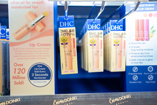 KUALA LUMPUR, MALAYSIA - APR 23, 2022: Japan famous brand DHC lip care products on the shelves of Donki Kuala Lumpur