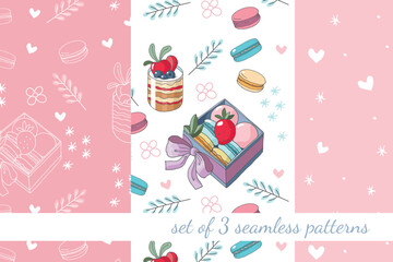 Set of 3 seamless patterns with confectionery, desserts and decorative elements in cartoon style. For textiles, wallpapers, backgrounds
