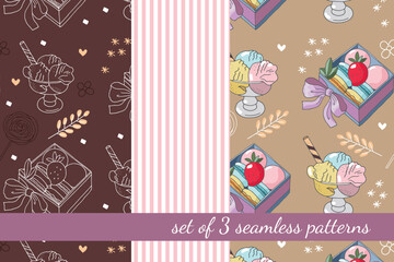 Set of 3 seamless patterns with confectionery, desserts and decorative elements in cartoon style. For textiles, wallpapers, backgrounds
