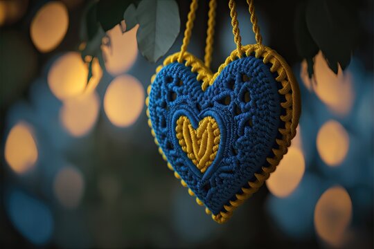 Macrame Blue And Yellow Heart Decoration. Generative AI.