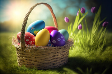 Basket of Easter Eggs On Sunny Meadow background AI
