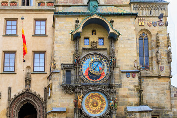 Prague astronomical clock close-up. The main attraction of the capital of the Czech Republic. Background
