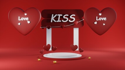 3D rendering of red podium for Valentine products on Valentine's Day.