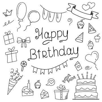 Happy birthday design elements. Lines icons. Hand draw doodle style. Party decoration, balloons, gift box, cake with candles, confetti, party hats, cupcakes.