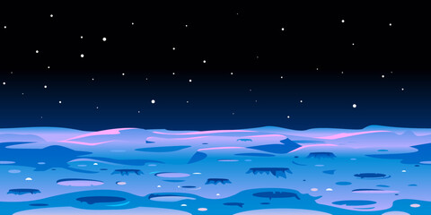 Cartoon Moon landscape with craters on space with stars, game background tileable horizontally, fantastic planet blue surface illustration - obrazy, fototapety, plakaty