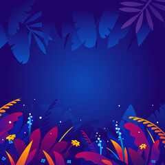 Fototapeta na wymiar Exotic tropical plants and flowers in jungle night in violet saturated colors, square banner with tropical plants on dark background