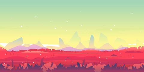 Fantastic planet with red grass landscape game background tileable horizontally, sharp rocks and on a unusual planet, futuristic danger place at dusk with green starry sky