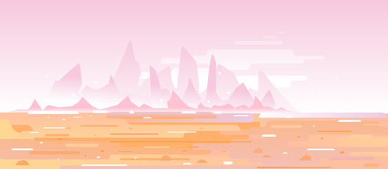 Fantastic planet surface with high sharp mountains far from the pink sky in desert, futuristic surrealism landscape background in flat style with simple lines © Oceloti