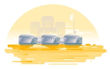 Three metallic capsules on the Mars planet in flat style isolated, martian landscape with sand and Martian colony, colonization concept illustration