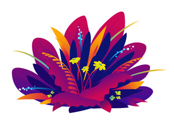 Fototapeta premium Different exotic violet plants on ground with grass and flowers isolated, decoration of tropical plants assorted together, great bush of fantastic plants