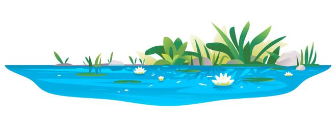 Small blue decorative pond with white water lilies, bulrush plants, stones around and fishes, water reservoir for landscape design isolated on white