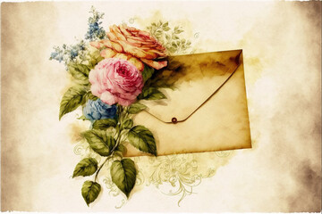 a closed love letter with roses and leaves, classic watercolor art, generative ai technology