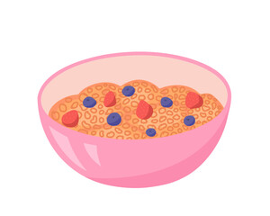Granola bowl, muesli breakfast, oat grain porridge. Healthy diet ingredient. For cooking site, menus, books. Vector illustration can be used for card, poster and sticker. Isolated on white background.