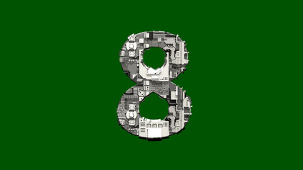 number 8 - cyber metal scrap alphabet on chroma key screen, isolated - object 3D illustration