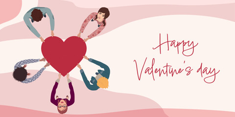 Group of men and women in circle from different culture seen from above holding a heart in their hands. Valentine's Day party concept. Copy space banners. Poster template pink background