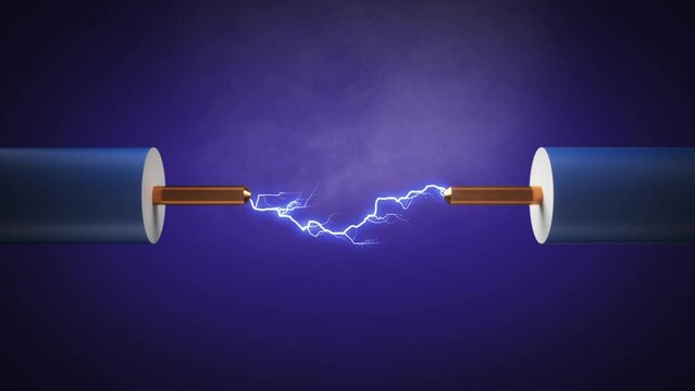 Electrical spark and smoke between two copper wires. Two electrical cables making contact with lightning. Presentation of science issues and energy. Wire electricity, connection,high voltage concept.