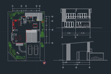Detailed townhouse section, floor plans, apartments layout. Vector blueprint for architectural vector