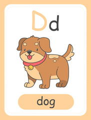 Alphabet card for children with the letter D and a dog. Educational card for kids. The word dog, English alphabet. Vector illustration.