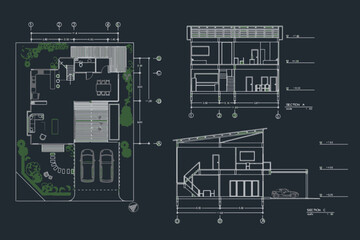 Detailed townhouse section, floor plans, apartments layout. Vector blueprint for architectural vector