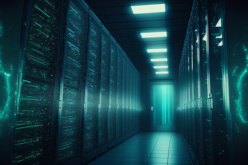 Fototapeta na wymiar High-tech data center with rows of servers and advanced cooling systems, generative ai