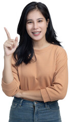 Asian Woman Pointing  Her Finger Upward to Blank Copy Space with Smile