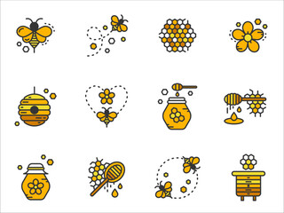Honey icons set. Bees, honeycomb, jar of honey, beehives, honey dipper and flowers element for website, label, banner, pattern and more.