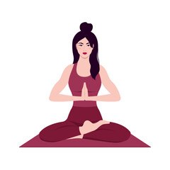 Fototapeta na wymiar Asian woman meditates in yoga lotus pose. Vector flat illustration isolated on white