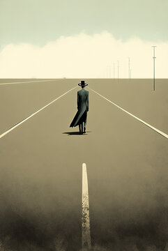 a lonely man walking on a long road, gentleman is alone, generative ai technology